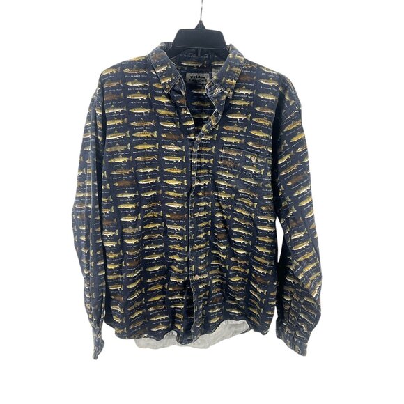 Orvis Mens Button-Up Shirt Fish Print Cotton Long Sleeve Navy Size L Vacation - Picture 1 of 10